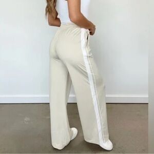 Cream wide leg varsity trousers pants with white stripe #stripes